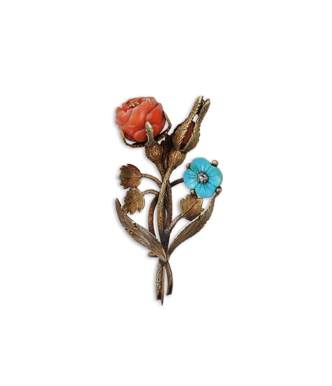 A gold, coral and turquoise brooch, circa 1840